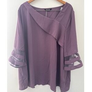 Bloomchic Purple Sheer Sleeve Patchwork Asymmetrical Neckline Blouse 22-24 NWT